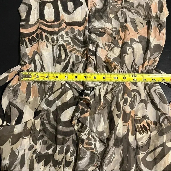 Charlie Jade 100% Silk Dress Tie Waist Ruffle Zip Front Abstract Pockets Size M - Picture 12 of 14